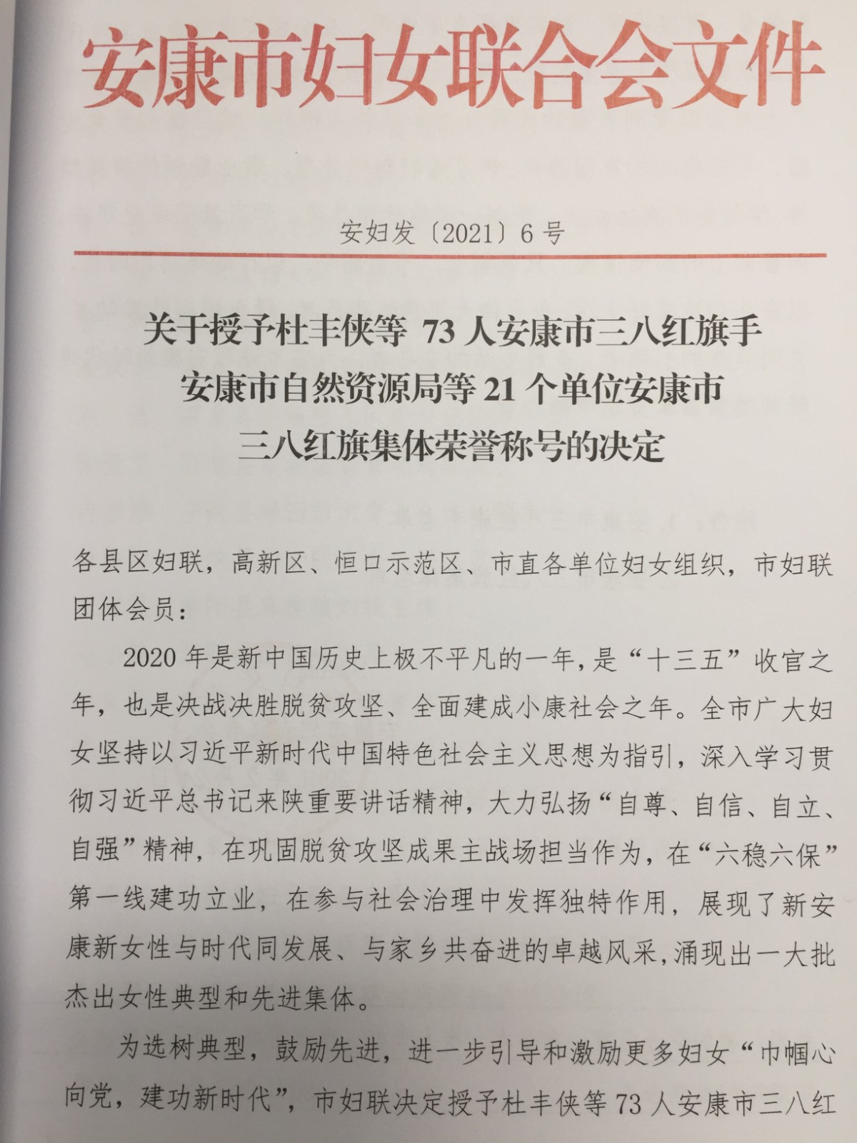【要闻】喜讯！王景美同志荣获安康市“三八红旗手”荣誉称号