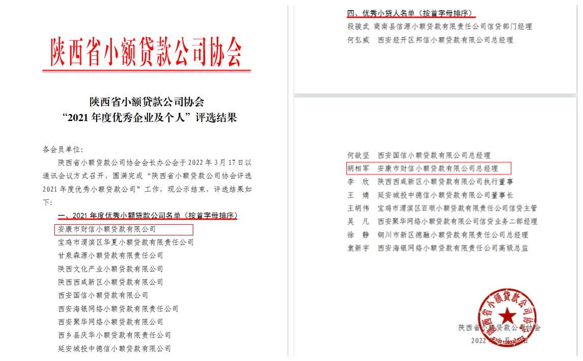 【要闻】喜讯！财信小贷公司荣获陕西省“2021年度优秀小额贷款公司”称号