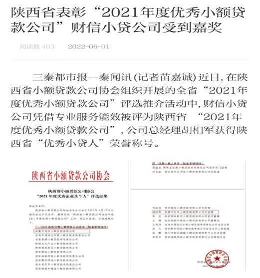 多家媒体报道财信小贷公司荣获 陕西省“2021年度优秀小额贷款公司”荣誉称号